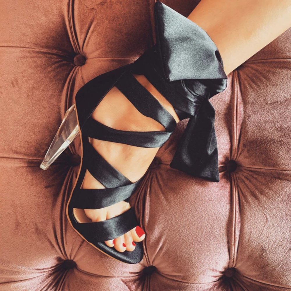 NWOT Cult of Coquette Jessie Black Satin Lucite Heels 8